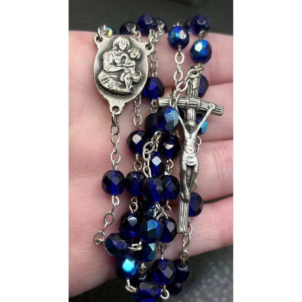 VTG Peacock Blue AB Glass Bead Rosary Cross Fr. Patrick Peyton Silver Tone 28"